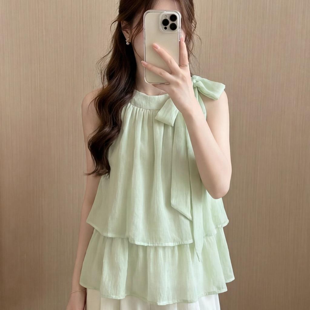 Summer New Pure Desire Style Bow Strap Ruffle Edge Sleeveless Shirt Women's Loose and Thin Versatile Temperament Top