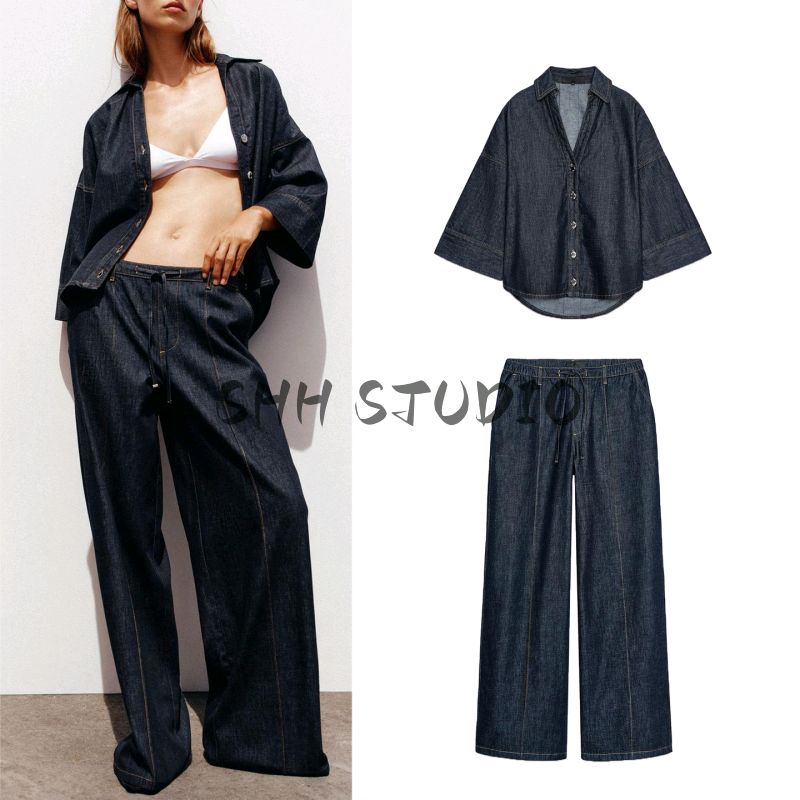 Wide Sleeve Fashion Polo Collar Denim Shirt 7484152 High Waist Wide Leg Jogging Casual Denim 7484151
