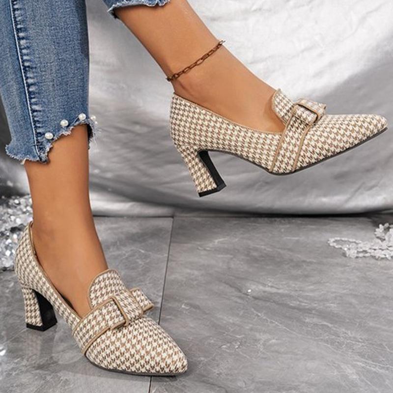 Fashion Spring Autumn Vintage Plaid Pumps Women Plus Size 36-43 Pointed Toe High Heel Shoes Woman Shallow Slip On Pumps with Heels Lady