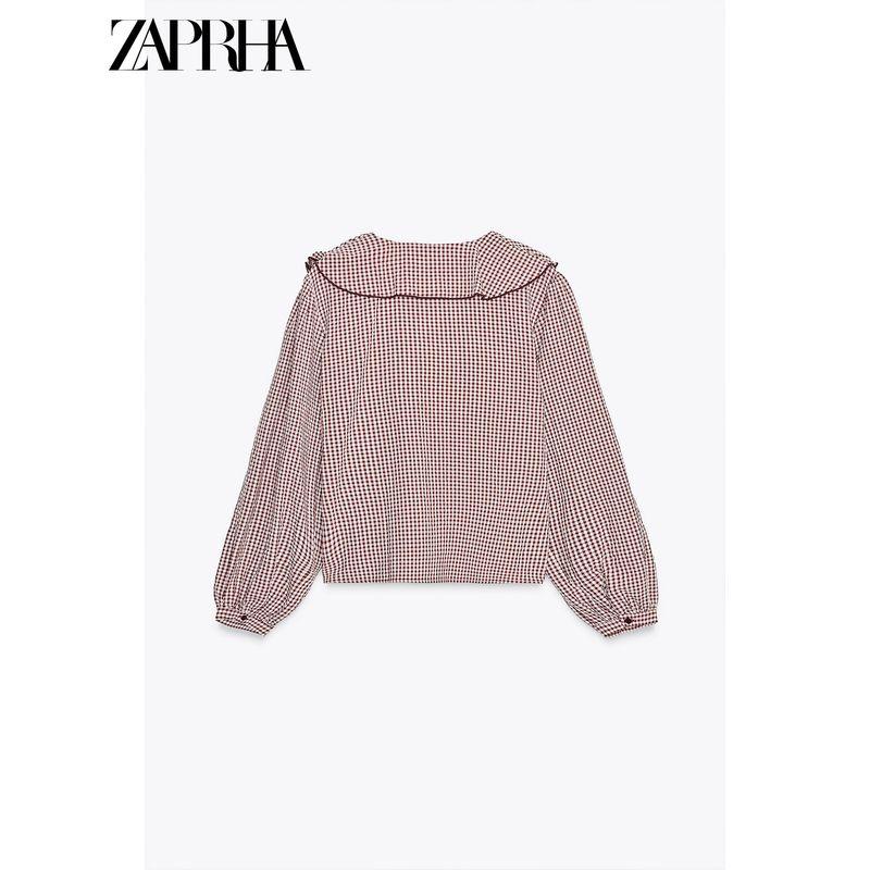 Zaprha 2025 Autumn New Small Plaid Laminated Decoration Bow V-neck Long sleeve Shirts Top 5029181