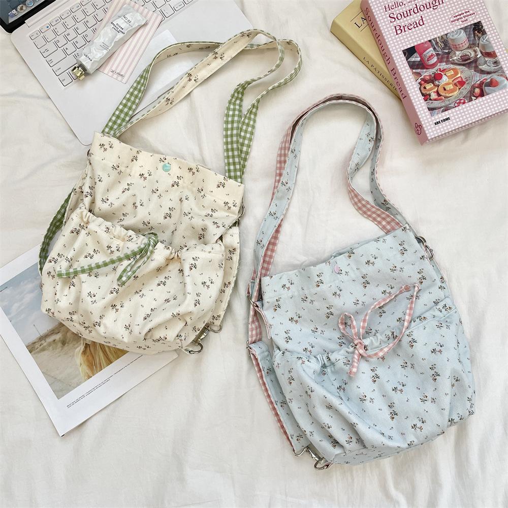 5 New canvas bag floral student backpack lazy wind cute shoulder messenger bag large capacity