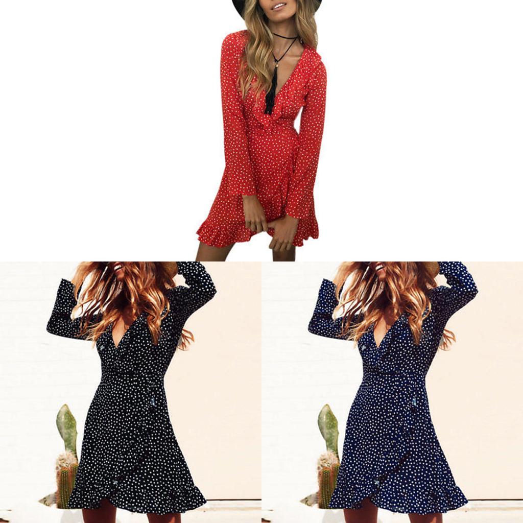 Elegant 128 Digital Print Irregular Ruffle Hem Polka Dot Deep V Chiffon Dress For Stylish Adults