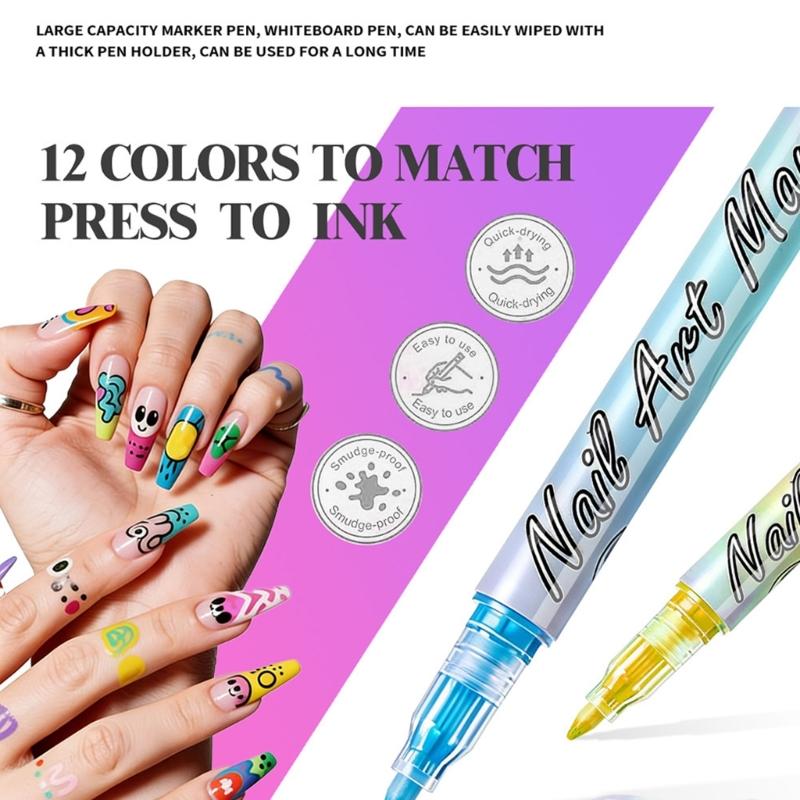 12 Color Quick Dry Nail Art Pens Fine Tip for Precise Drawing Not Require Lamp Water Based Safe for DIY Manicures