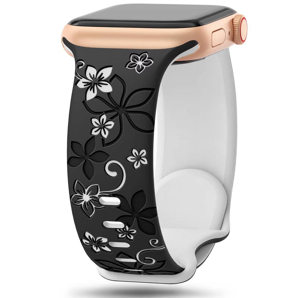 Silicone Band For Apple Watch Strap Ultra2 3 49mm 41mm 40mm 44mm 45mm 46mm Floral Engraved bracelet iWatch Series 10 SE 9 8 7 3
