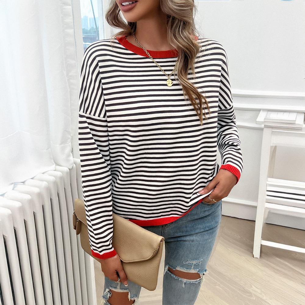 Autumn and Winter Tops for Women, Casual Round Neck Striped Sweater