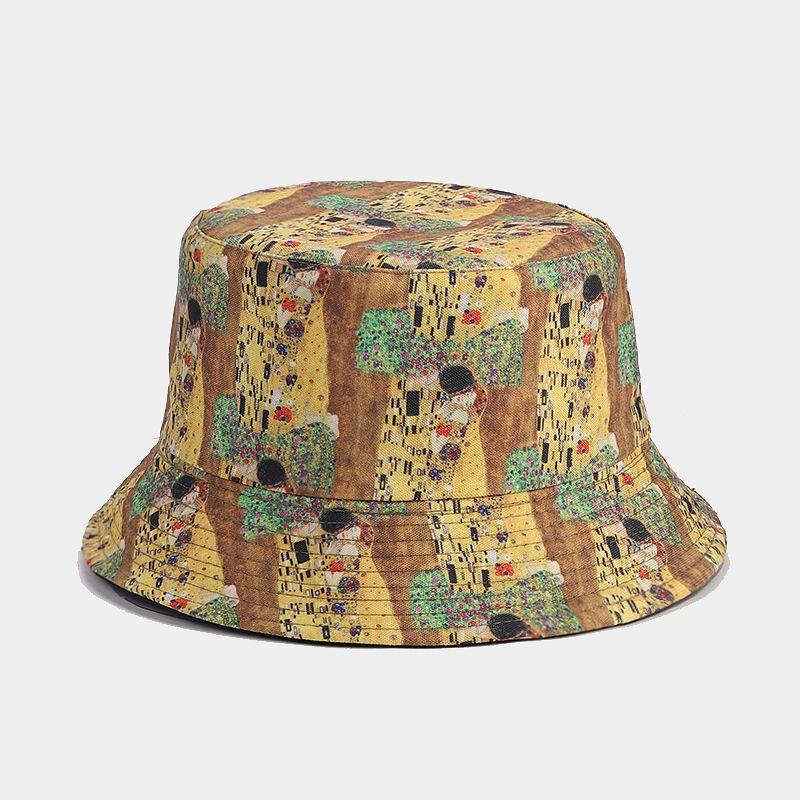 European and American new creative oil painting style double-sided bucket hat female tide travel shopping sun hat male leisure basin hat