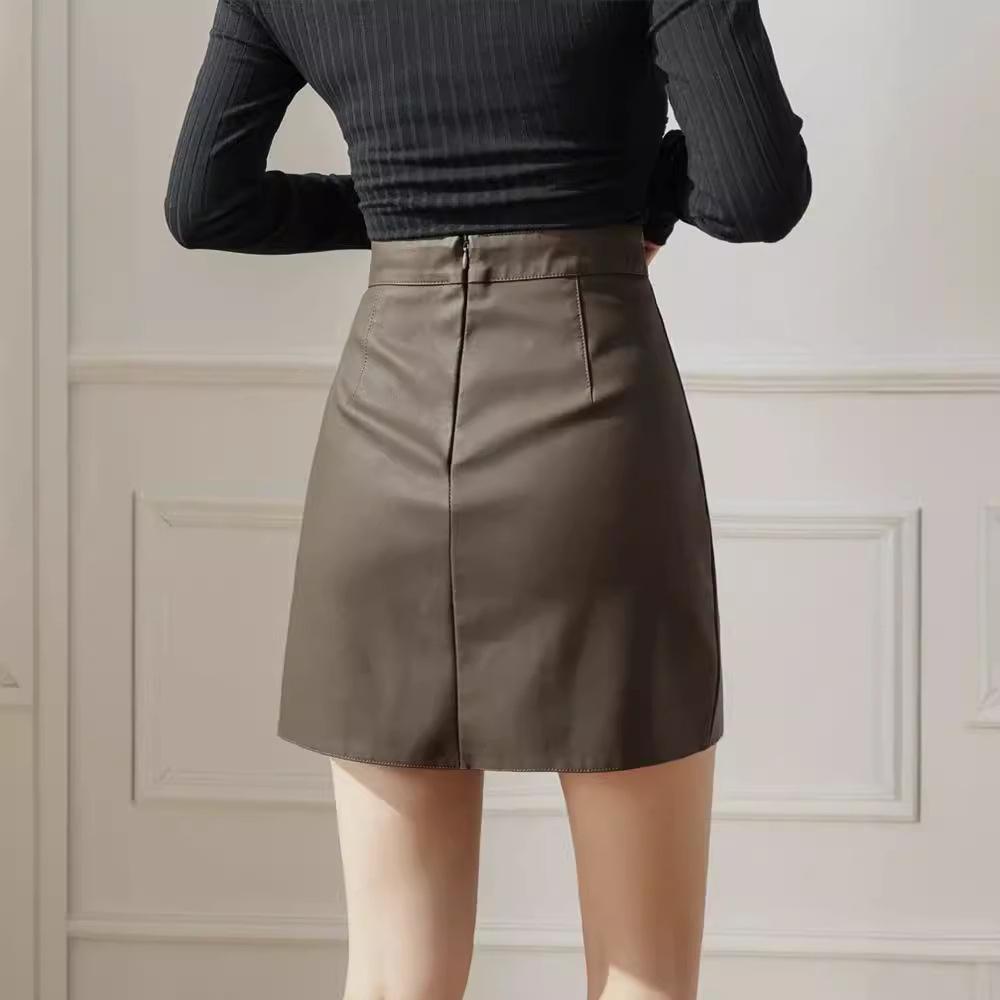 Korean Style High-Waisted PU Leather A-Line Skirt for Women - Short, Slimming, and Hip-Hugging