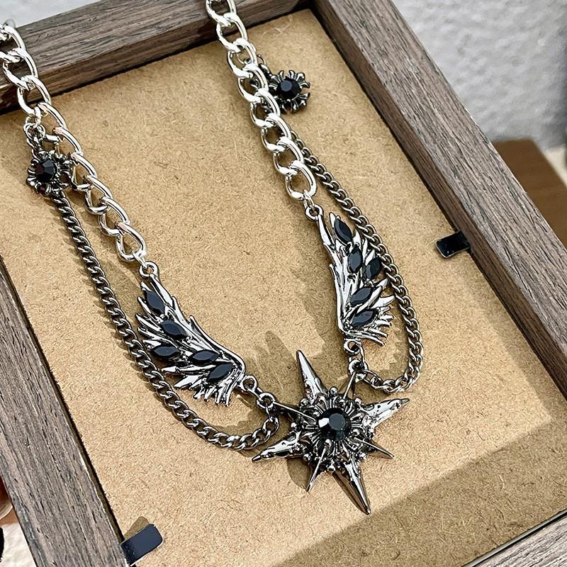 Y2K Gothic Punk Wing Star Pendant Choker Necklace Women Alloy Locket Chain Chic Edgy Sweet Cool Style