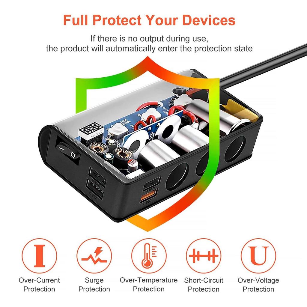 Distributore Accendisigari Auto 1 A 2 Prese 12V/24V Con Interruttori E Fusibile 15A - Prolunga 15cm