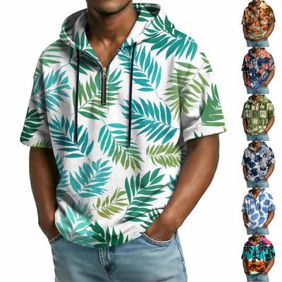 Men's Casual Hooded Zipper Neck Sweatshirt Short Sleeve Top