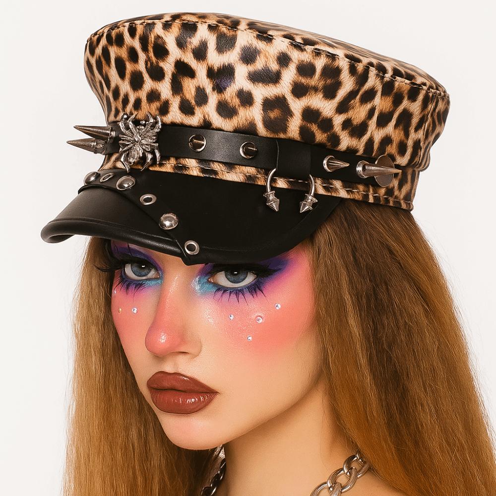 Hip-hop Y2k Beret Hat Harajuku Flat Top Cap Fashion Rivet Leopard Hat for Women