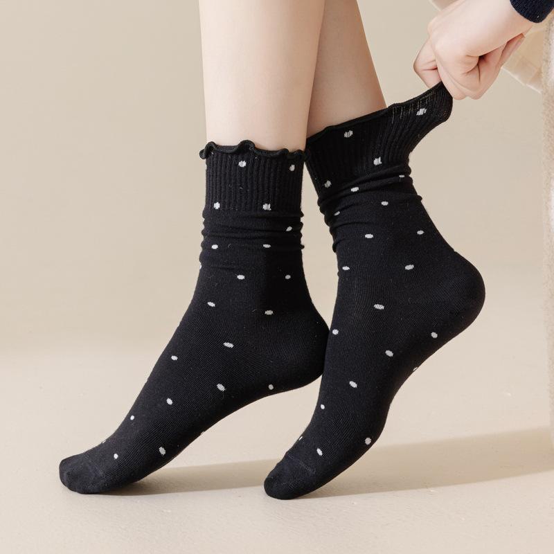 5/10 Pairs Ear Shaped Hem Socks for Women Spring Autumn Polka Dot Girl Instagram Style Cute Polka Dot Sweat Absorbing Mid Calf Socks and Pile Socks