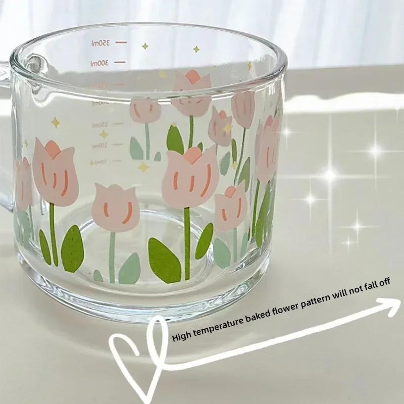 Glass Mug 350ml Cartoon Home Office Ins Coffee Cup with Straw Cup with Lid and Spoon High Temperature Roasted Flower Drink Cups