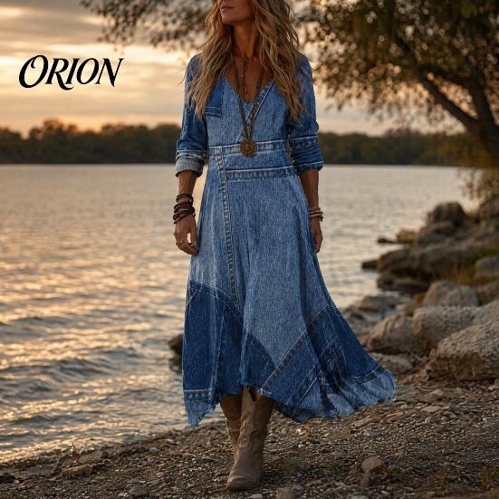 Breathable Summer Dress Denim Print Maxi for Women, Casual Long Sleeve V with Rolled Sleeves Neck Dress, Loose A-line Flowy Vacation Women