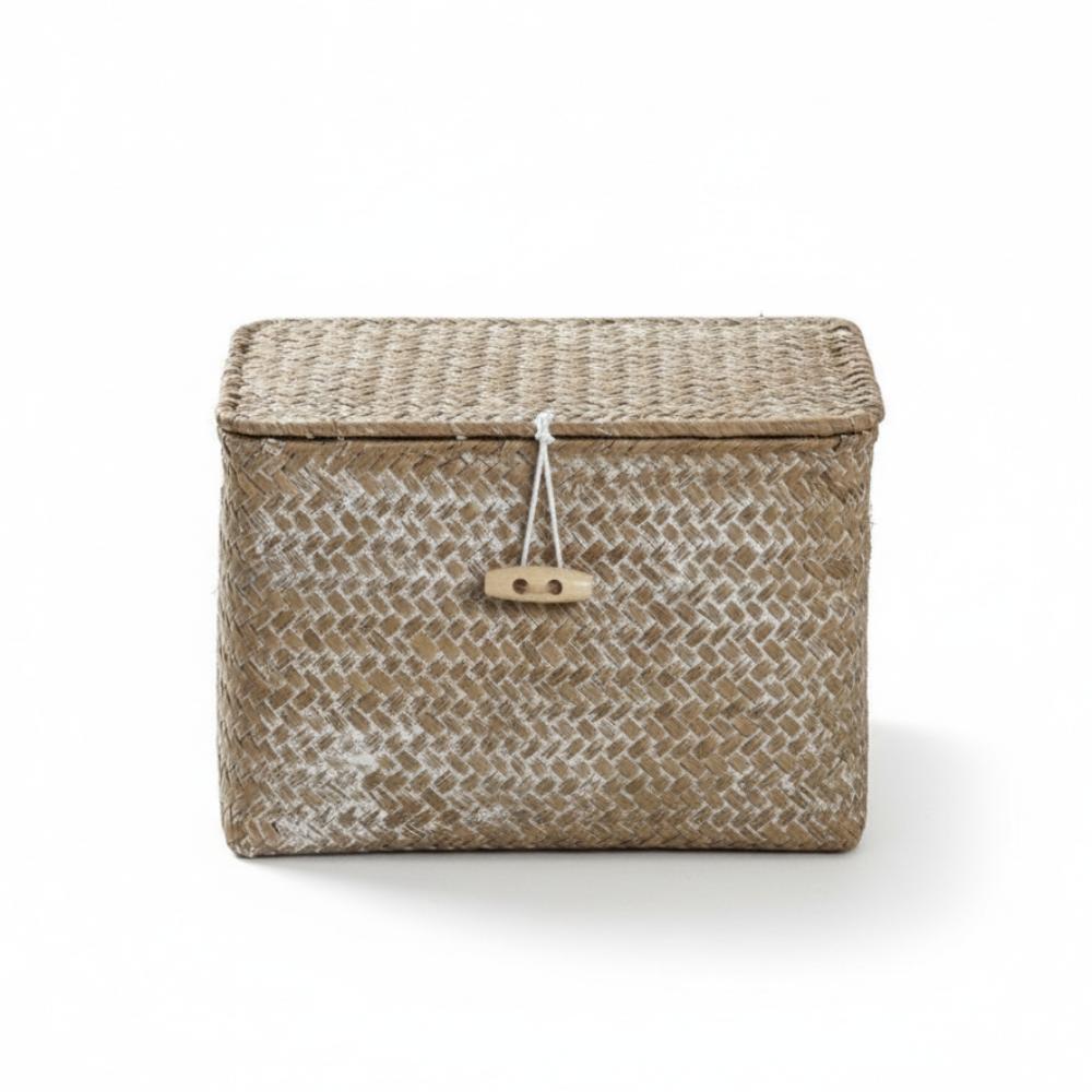 Eco-Friendly Sea Grass Wicker Shelf Baskets Weaving with Lid Storage Bins Handwoven Rectangular Storage Box Home Organizer