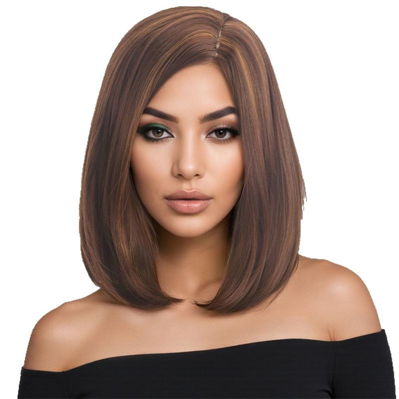Synthetic Short Women's Bob Wig with Inclinde Bangs Natural Straight Brown Hair Daily Cosplay Halloween Heat Resistant