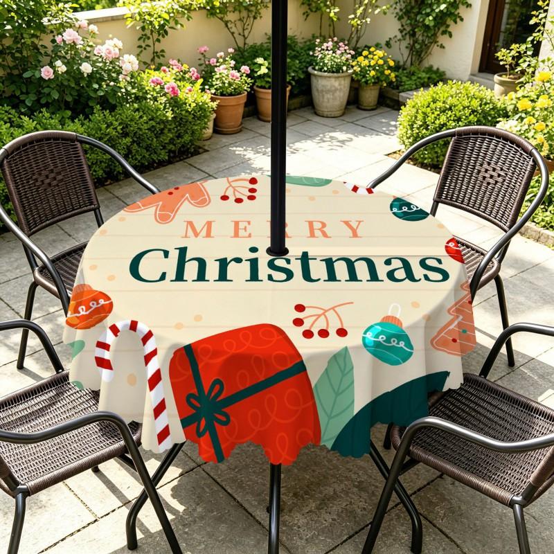 Outdoor Christmas Tablecloth Round Waterproof Oil-Resistant Patio Table Cover Garden Deck Umbrella Hole