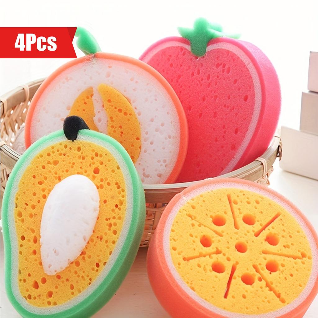4pcs Fruit Type Thickened Sponge Wipe Scouring Pad Multi-functional Decontamination Cleaning Dishwashing Sponge