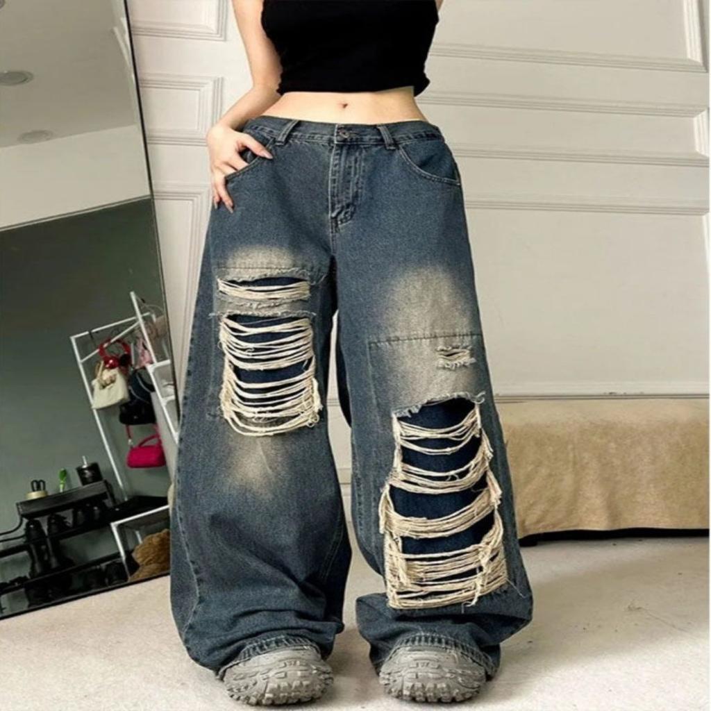 Women's High Waist Distressed Wide Leg Jeans Retro Streetwear Baggy Denim Pants
