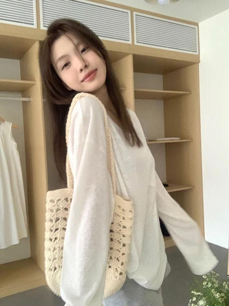 Elegant Sheer White U-Neck Long Sleeve Top - Women's Spring/Fall Loose Fit Cover-Up