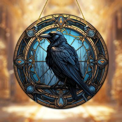 1pc 8in*8in Stained Glass-Style Acrylic Bird Suncatcher - Colorful Raven and Crow On Branch Design - Gothic Window Hanging Decor