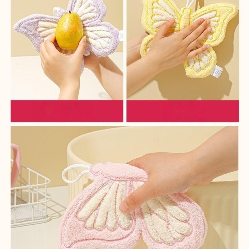 High Value Butterfly Hanging Hand Towel Coral Fleece Cartoon Styled Thick Soft Ultra Absorbent Ideal For Kitchen And Bathroom