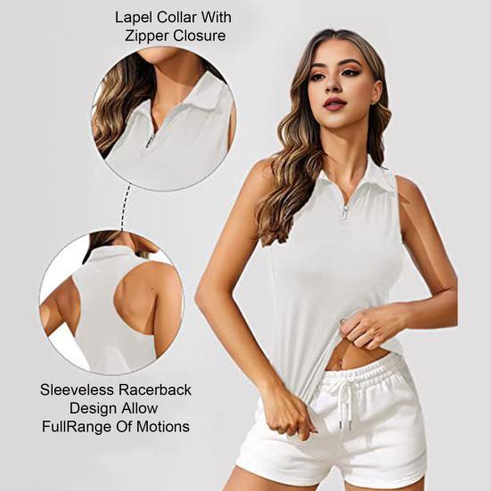 Chaleco de golf para mujer Slim Fit Top Cremallera Escote Tanque Solapa Sin mangas Color sólido Racerback Deporte