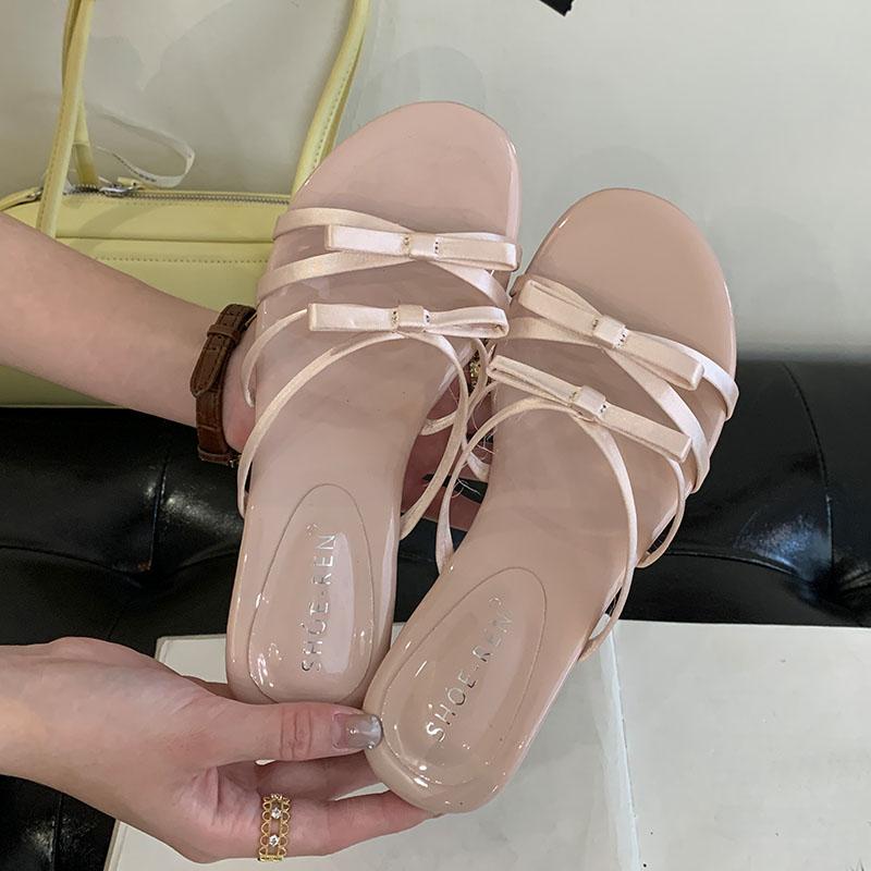 Fashion Fashion Butterfly-Knot Women Wedges Slippers Spring Summer Round Toe Ladies Heeled Slippers Shoes Female Slides Sandals Pumps