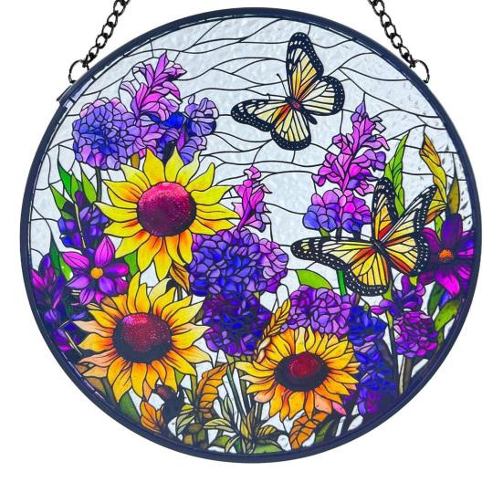 

Stained Glass Window Hanging Decoration Round Suncatcher Panel Home Office Living Room Garden Yard Patio Window Hanging Ornament P
