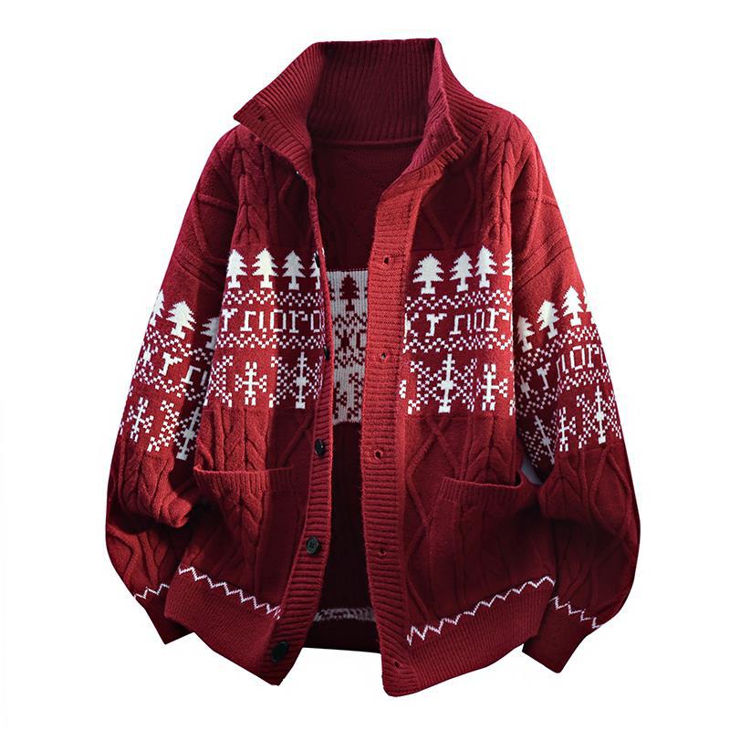 

Осенне-зимний модный кардиган с лацканами, мужской вязаный свободный ромбовидный жакет L красный