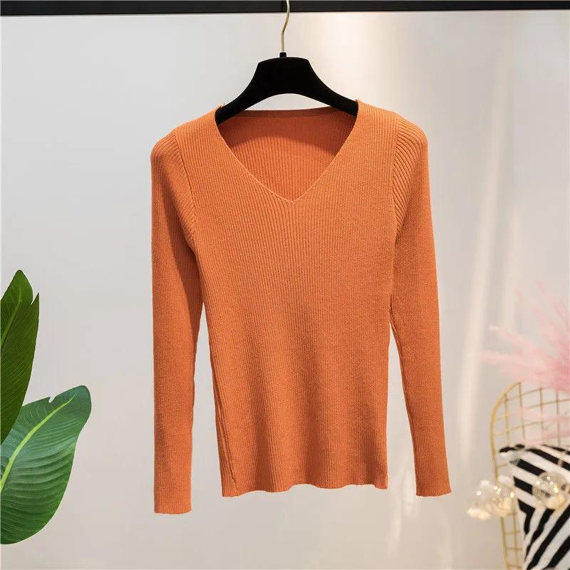 Women Sweater Autumn Long Sleeve Pullover Basic Top Fashion V-neck Elastic Female Winter Solid Knitted Jumper Sweater