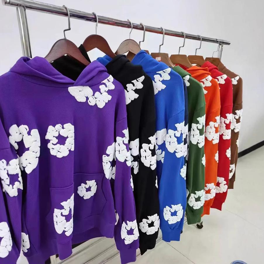 Sweat à capuche tendance Streetwear Homme Denim Premium Tears Ligne Principale Fleur de Coton