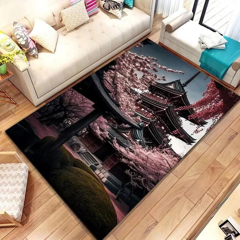Japanese Landscape Print Rug with Cherry Blossom & Fuji Mountain for Bedroom and Sofa Entryway Decor