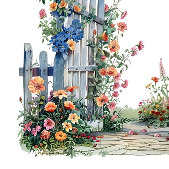 Removable Garden Gate Wall Decal Spring Flowers Peel And Stick Wall Art Waterproof Self Adhesive Mural Decal for Bedroom Office Bathroom