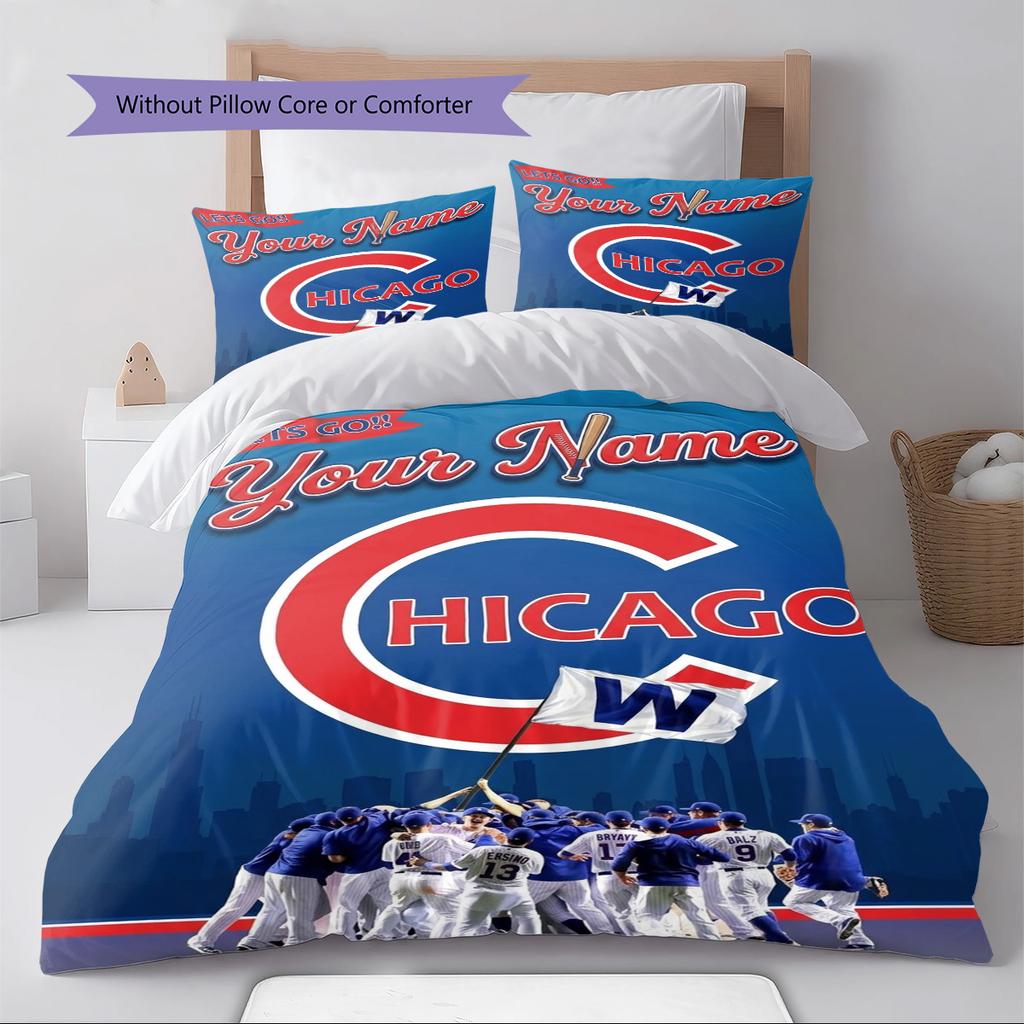 Name Custom Chicago Cubs Pattern Bedding Set Quilt Cover Pillowcase Home Decor Gift (1 * Duvet Cover + 2 * Pillowcase, Without Core)