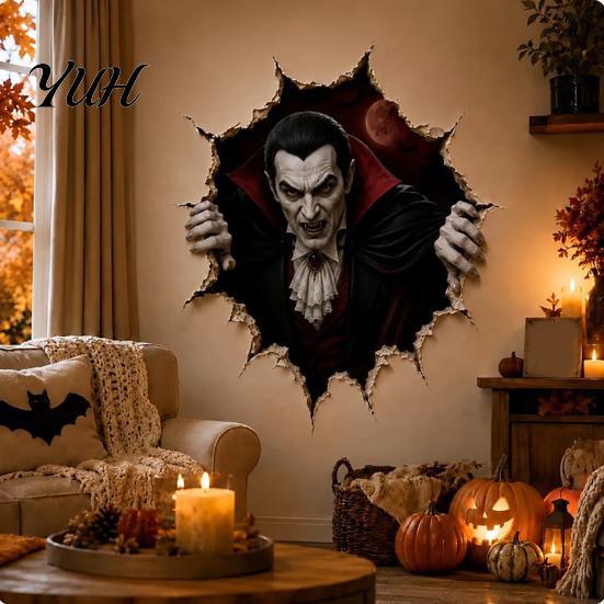 Removable Wall Murals for Bedroom Halloween Break-in 3D Decals, Illusion Effect Spooky Breaking Through Scary Stickers Holidays Sticker, Horror Ghost
