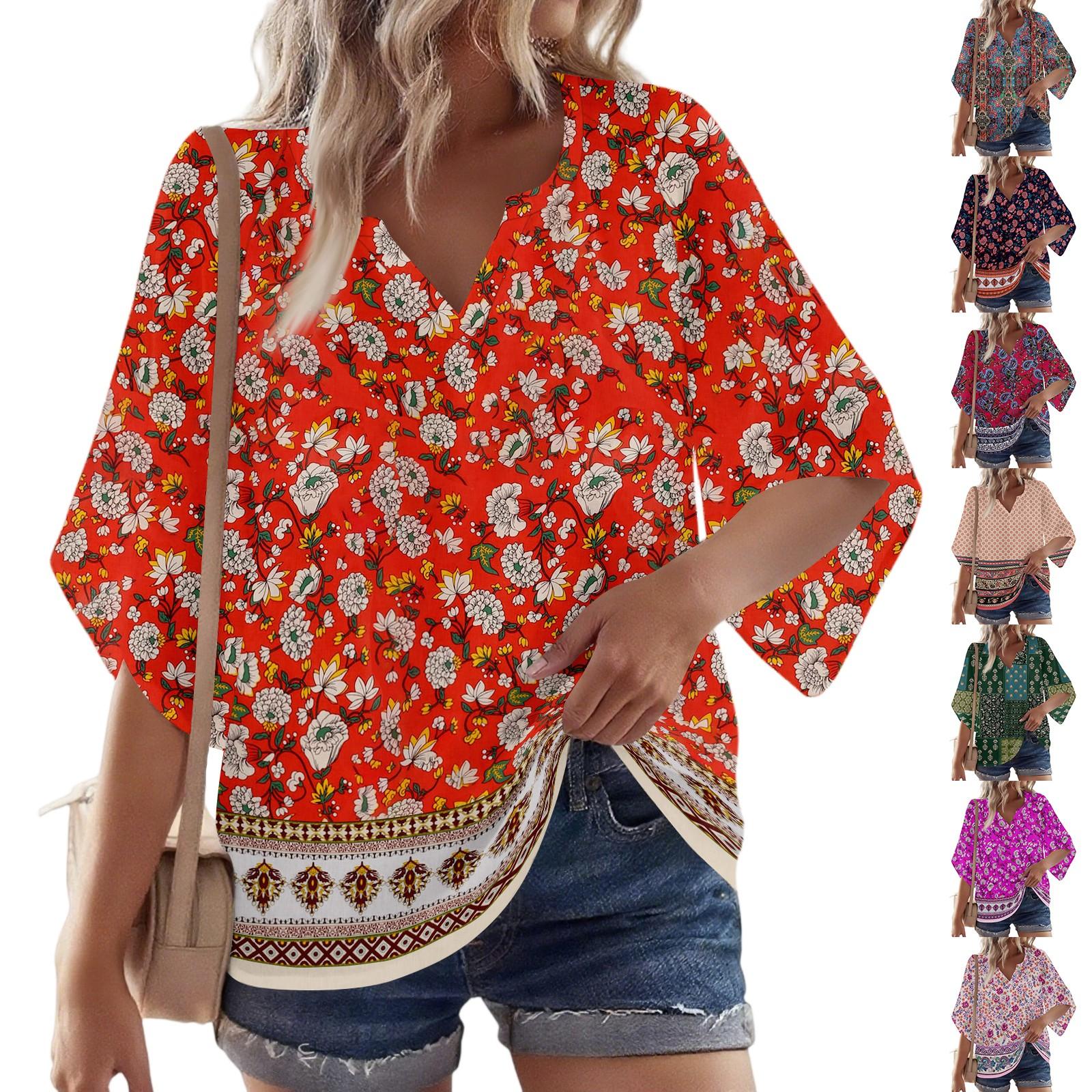 

Women s 3/4 Sleeve V Floral Shirt Casual Loose Tunic Top XL