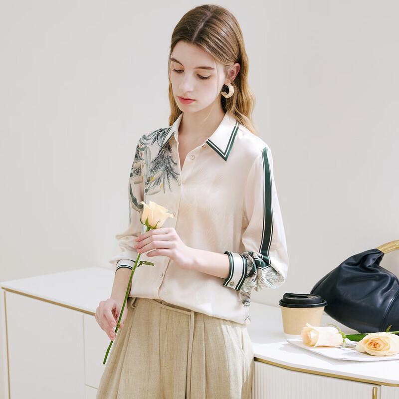 TUHUANG Women's Silk Satin Botanical Print Long-Sleeve Shirt