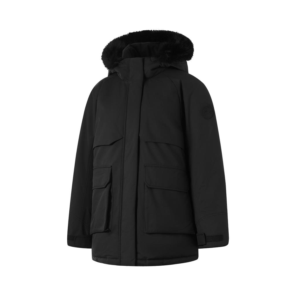Li Ning Solid Color Hooded Mid-Length Zipper Long Sleeve Down Jacket Women Outerwear Black AYMU190-3