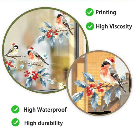 Indoor Outdoor Glass Stickers Christmas Watercolor Bird Window Sticker, Santa Hat On Beey Clings Branch Static Decal, Waterproof Cling for Holiday