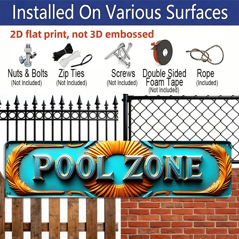 2D Flat, Large Turquoise & Golden Vintage Pool Zone Metal Sign - 15.7×3.94inch Retro Turquoise Blue Pool Table Wall Art with POOL ZONE Lettering
