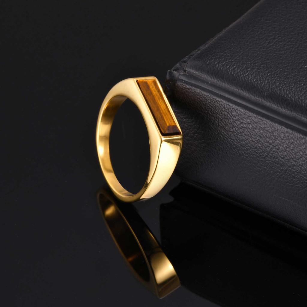 Vintage Square Natural Stone Signet Ring for Men, Minimalist Gold Plated Stainless Steel Rings, Fashion Jewelry Gift to Father