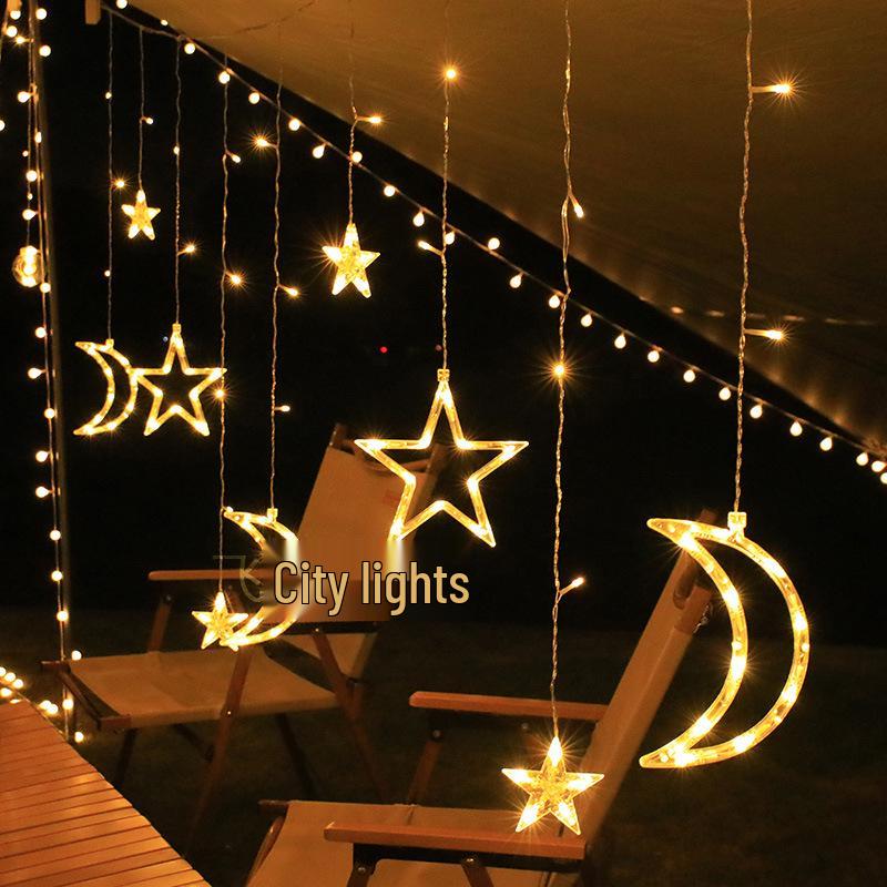 LED Solar Lichterkette - Stern & Mond Vorhang, Outdoor Camping & Feiertags-Feendekor