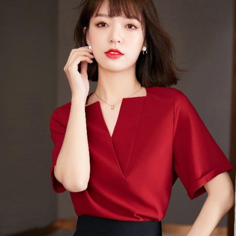 

Красная шифоновая рубашка с короткими рукавами, женская летняя рубашка нового стиля, модный топ с V-образным вырезом 2XL красный