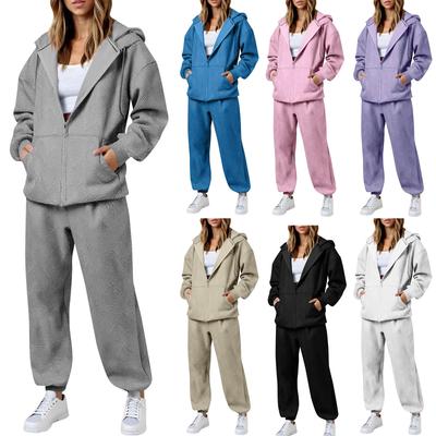 Women's Fashion Casual Long-Sleeve Solid-Color Hooded Cardigan With Zipper Top And Pants Two-Piece Set