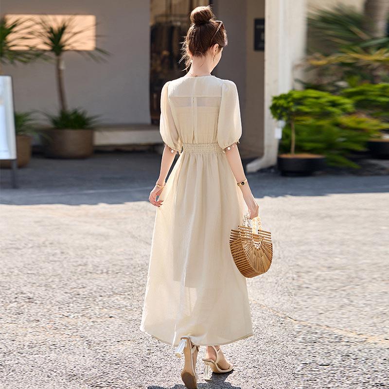 2025 Sommer Elegantes V-Ausschnitt A-Linien Kleid mit Einsätzen und hoher Taille ZQ2525