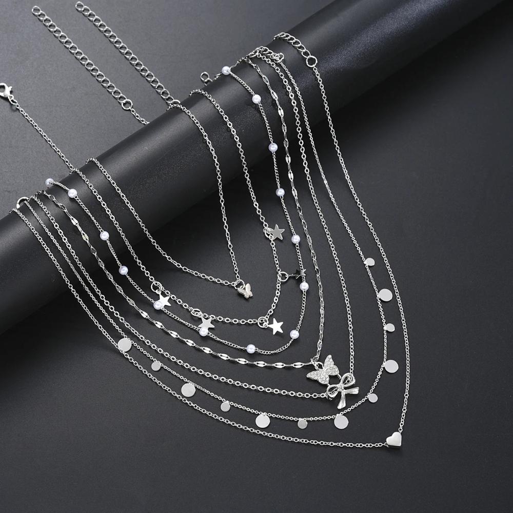 Silver Color Elegant Necklaces Set For Women Bow knot Star Butterfly Pendant Hypoallergenic Neck Chain Boho Jewelry Gifts