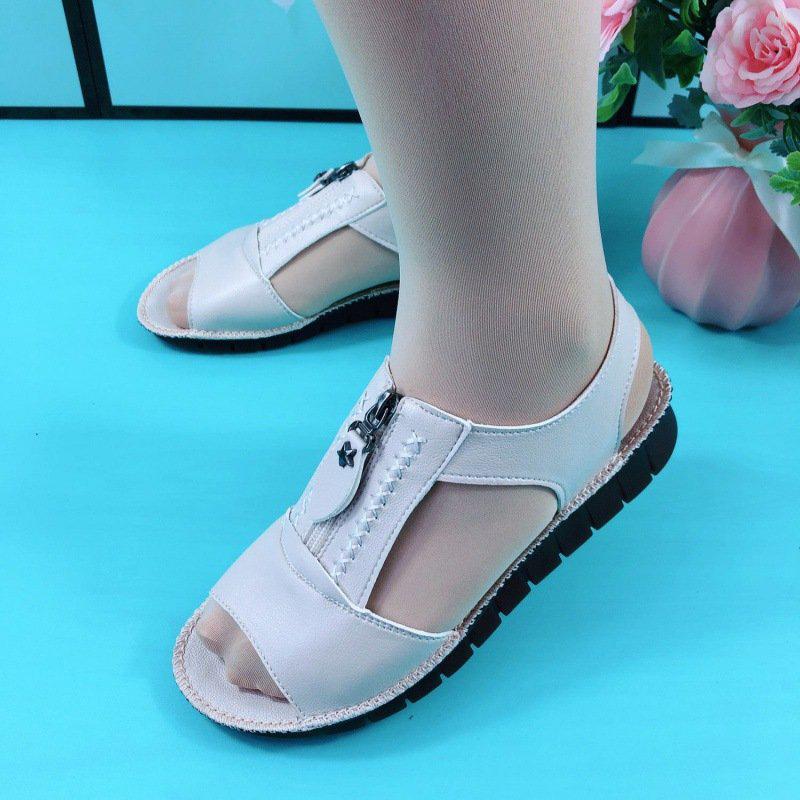 Summer Shoes for Women Sandals Pu Leather Comfort Mother Shoes Zipper Flat Solid Color Plus Size Fashion Sandalias De Mujer