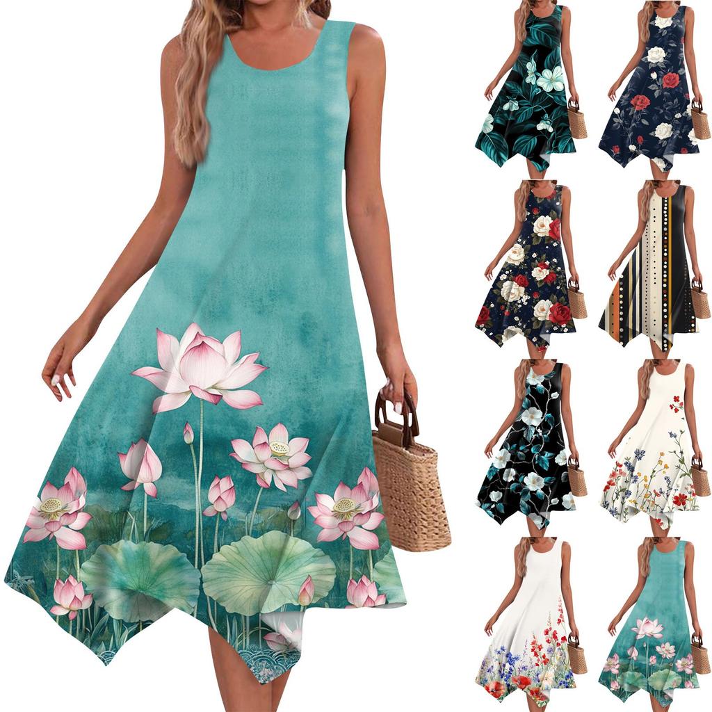 Women's Casual Fashion Round Neck Sleeveless Print Irregular Hem Midi Dress Hem Midi Dress
