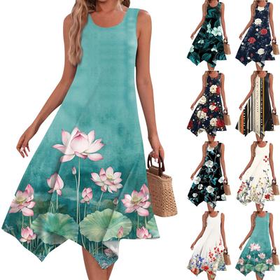 Damen Casual Fashion Rundhalsausschnitt Ärmellos Print Unregelmäßiger Saum Midikleid Saum Midikleid